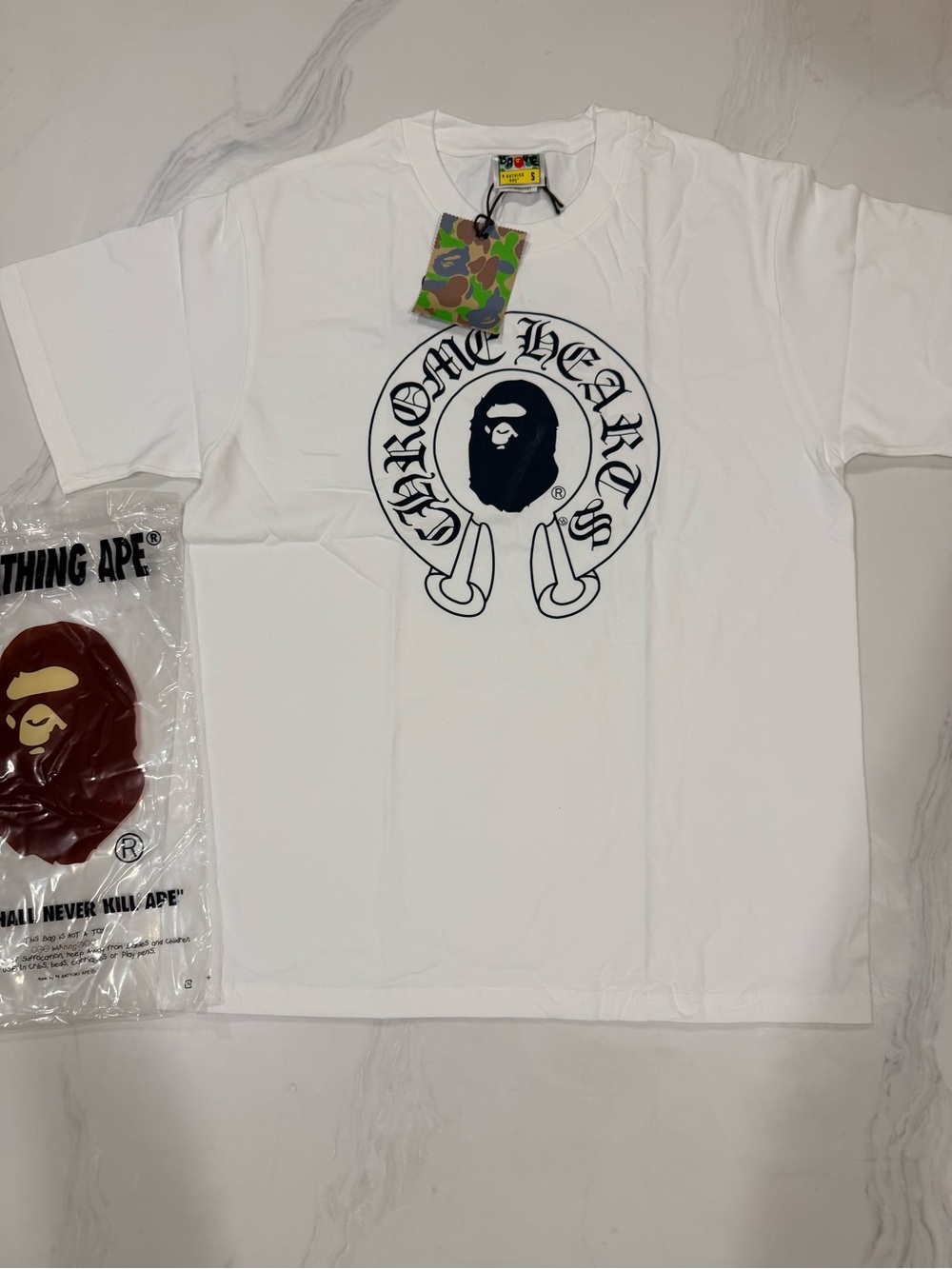 Bape White Short-Sleeve Tee with Black Ape Logo